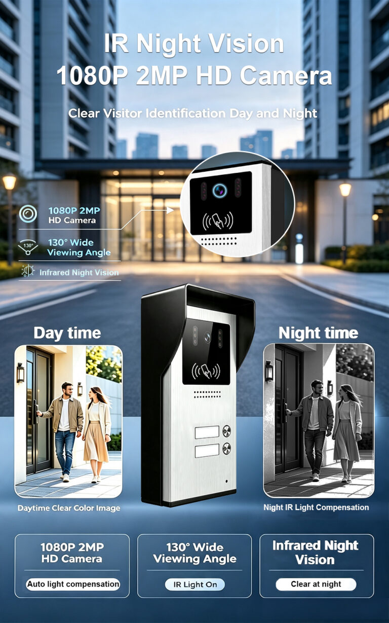 2-Wire Audio Intercom System Connection: Indoor Handset and 2-Button Outdoor Station with Card Unlock Function