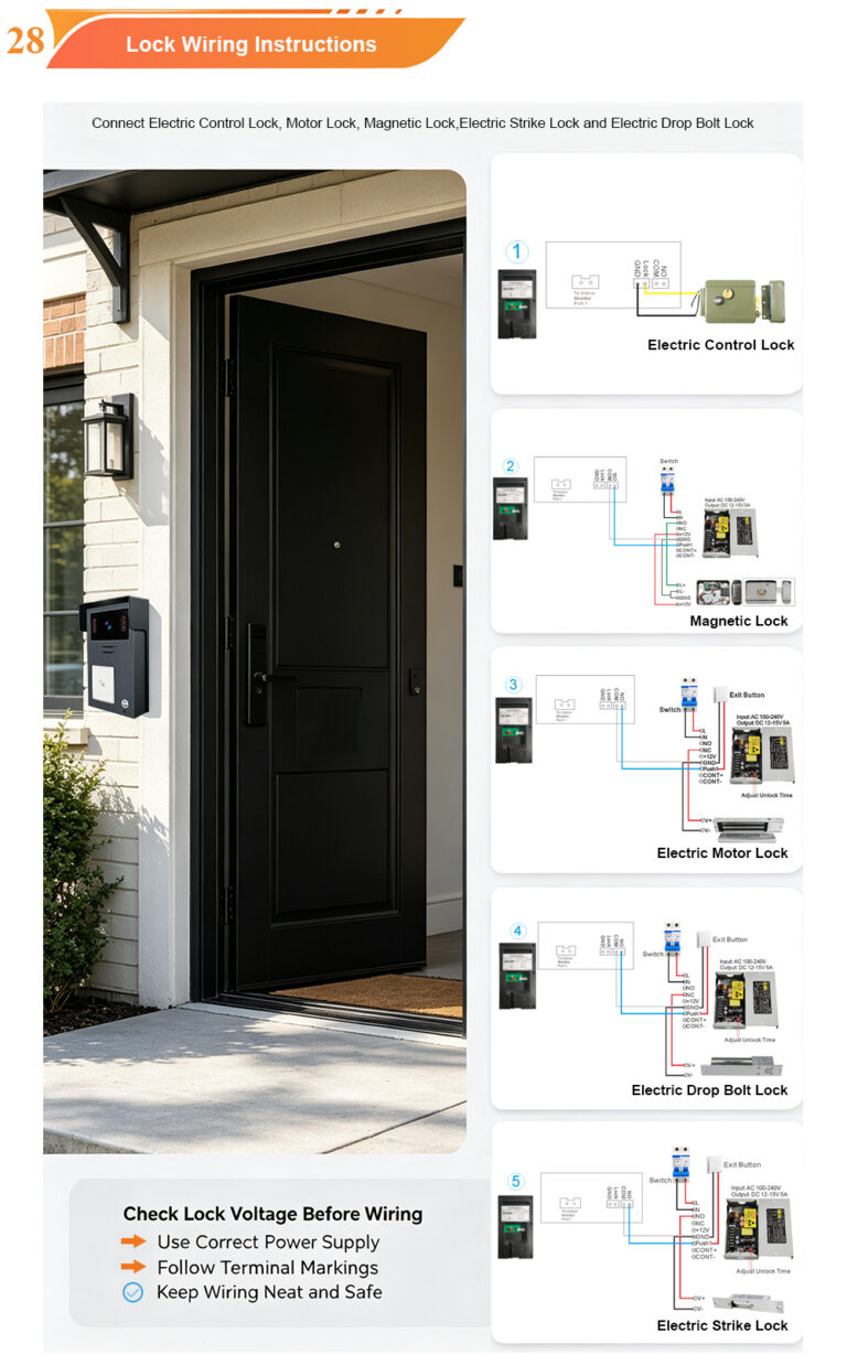 2-Wire Video Door Phone Connection with Electric Control Lock, App Unlock, Card Unlock and Indoor Monitor Unlock